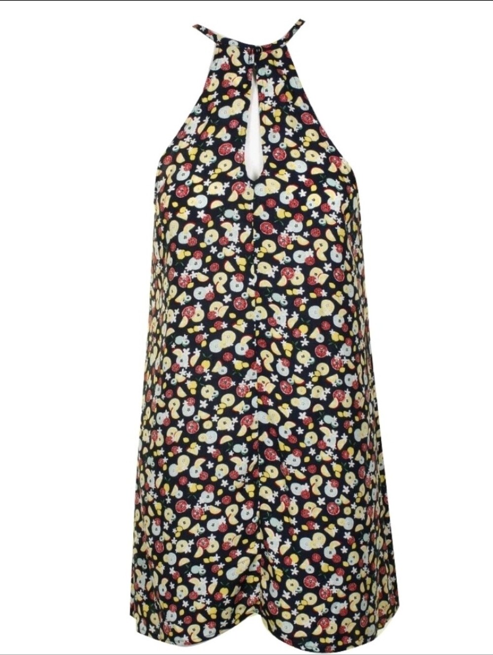 BePop Navy Fruit & Floral Print Shift Dress Small/Medium Keyhole Neck, Fun